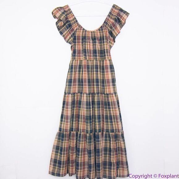 NEW Madewell Flutter-Sleeve Tiered‎ Midi Dress in Plaid, M - Picture 7 of 16